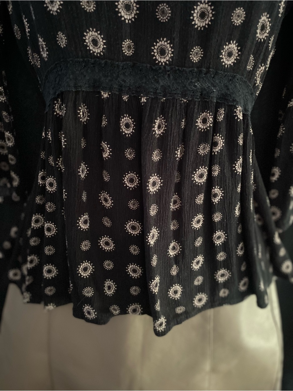 Peplum V-Neck Floral Dot Blouse - Black/Cream - Picture 3 of 11